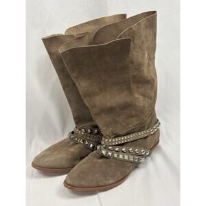 Zara Tan Studded Slouch Mid Calf Boots Women’s Size 8.5 / 39 Festival Boho Y2K
